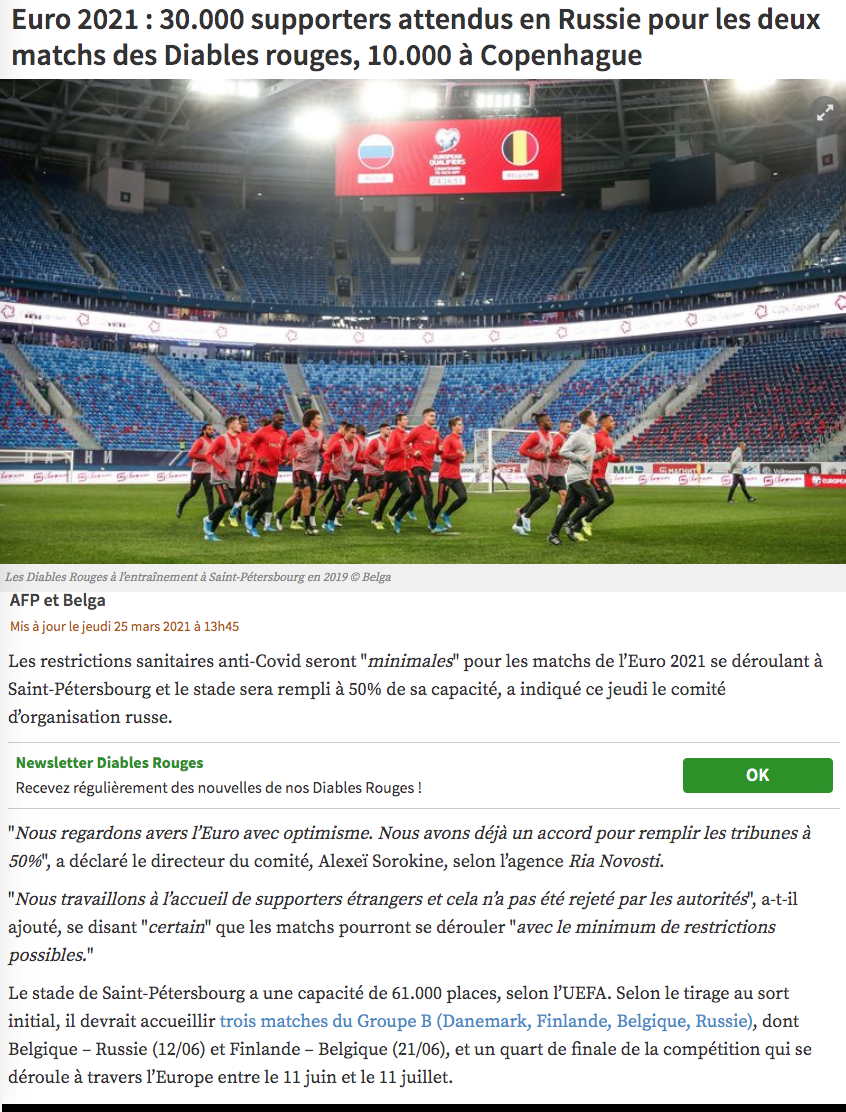 Page Internet. RTBF Sports. 30.000 supporters attendus en Russie pour les deux matchs des Diables rouges. 2021-06-12